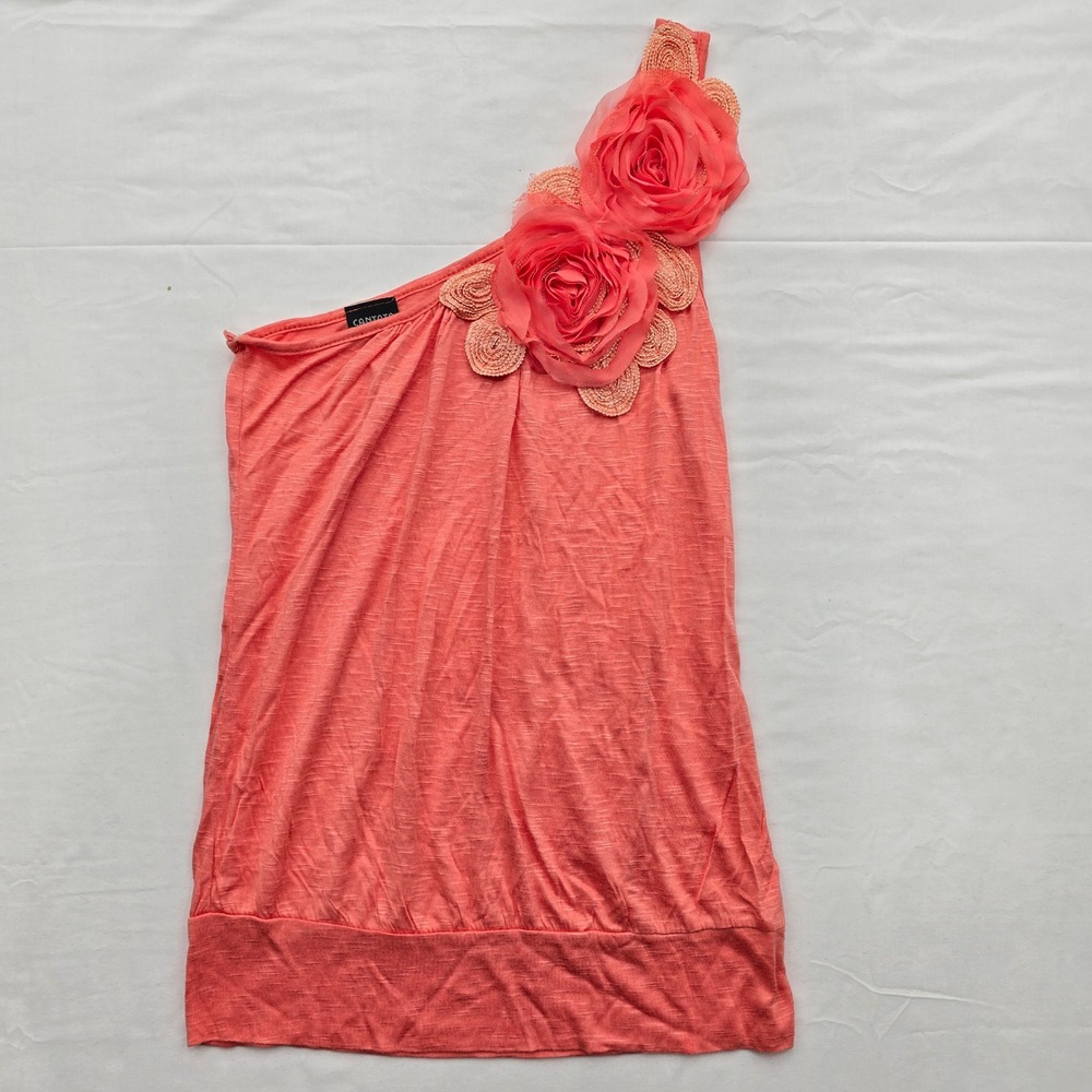 Cantata Y2K Made in USA Women S Coral One Shoulder Floral Rosette Top Coquette